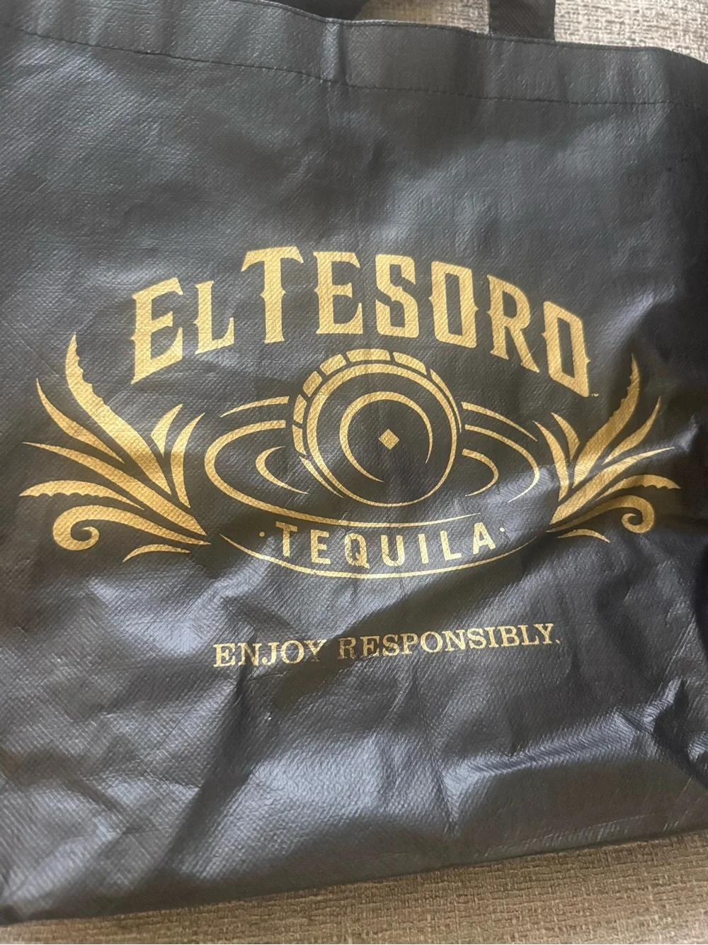 El Tesoro Tequila Reusable Tote Bag Black Gold Promotional Shopping Bag 15”